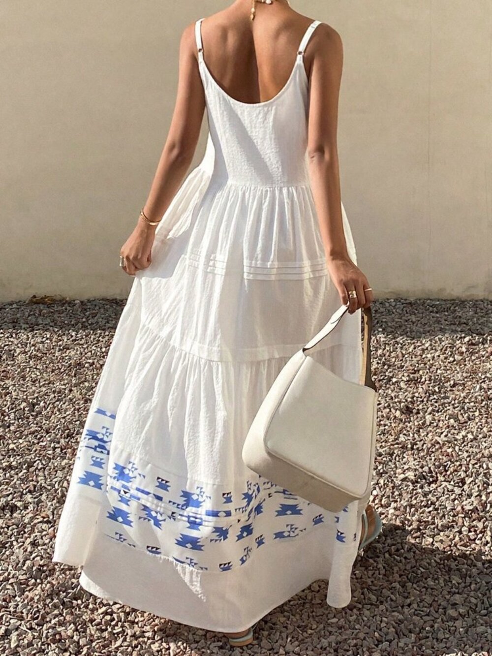 White Boho Women's Textured Patchwork Spaghetti Strap Vacation Sundress - Picture 2 of 7
